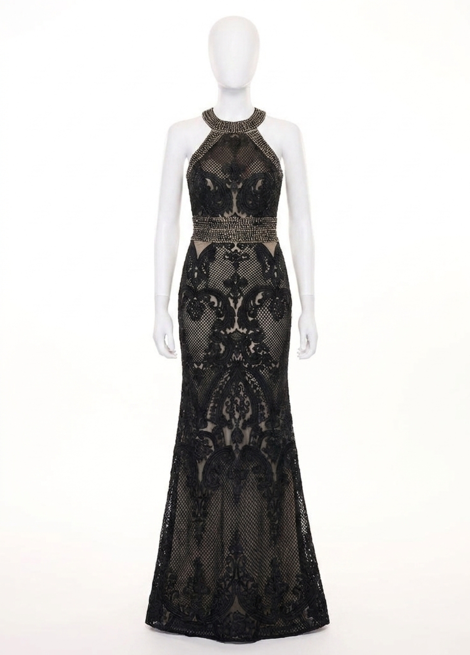 NEW RACHEL ALLAN lace halter neck prom dress in black